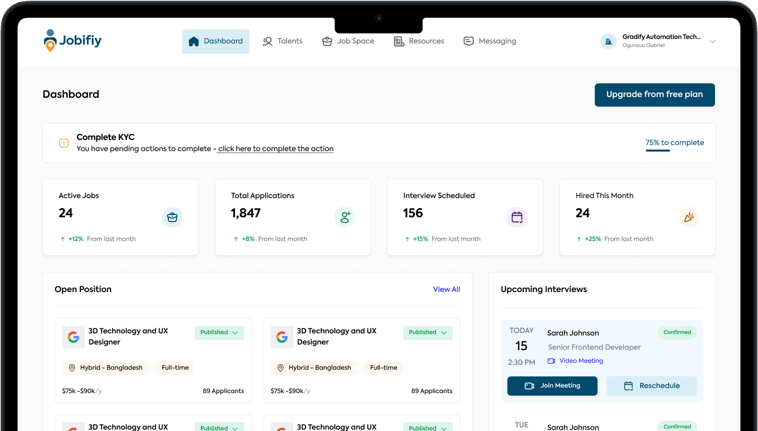 Jobifiy company dashboard