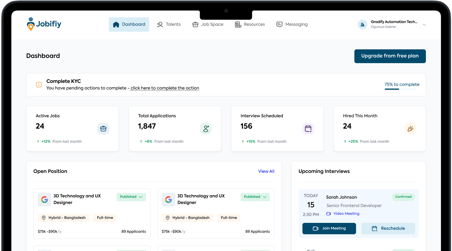 Jobifiy company dashboard